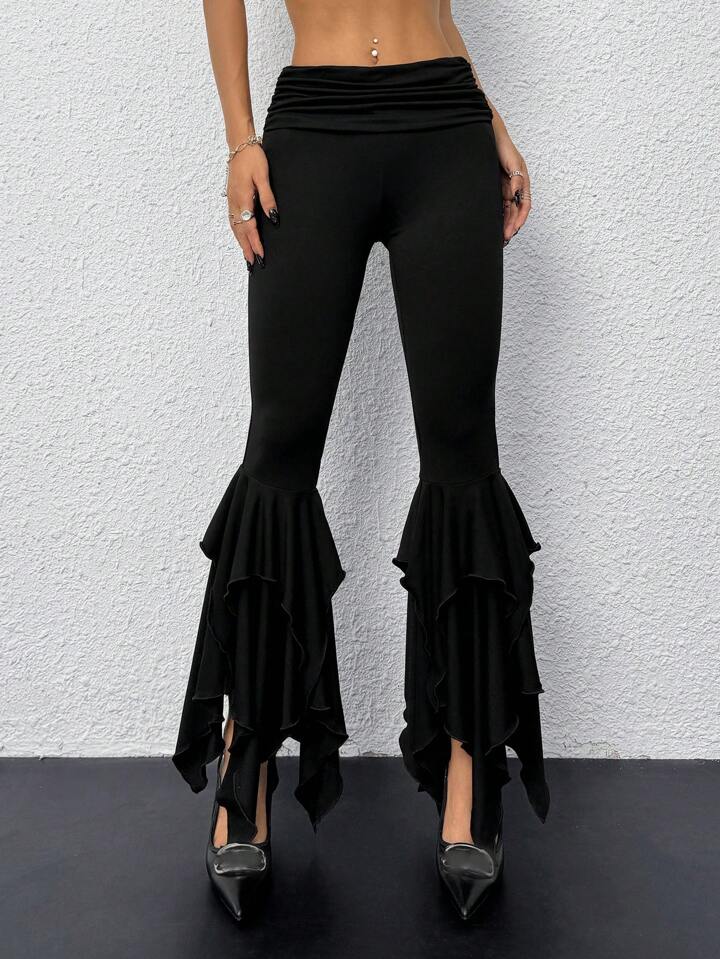 CM-BS964606 Women Casual Seoul Style Irregular Multilayer Fold-Over Waist Flared Pants - Black