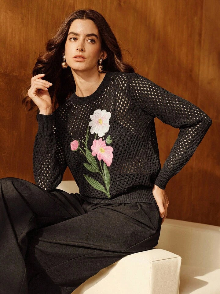 CM-CS369333 Women Elegant Seoul Style Floral Embroidery Hollow Out Crew Neck Long Sleeve Sweater - Black