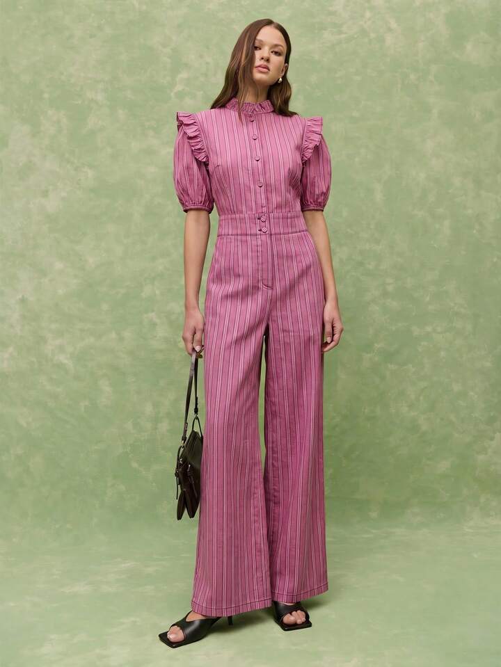 CM-JS310763 Women Casual Seoul Style Ruffled Collar Puff Sleeve Wide Leg Pinstripe Jumpsuit - Red