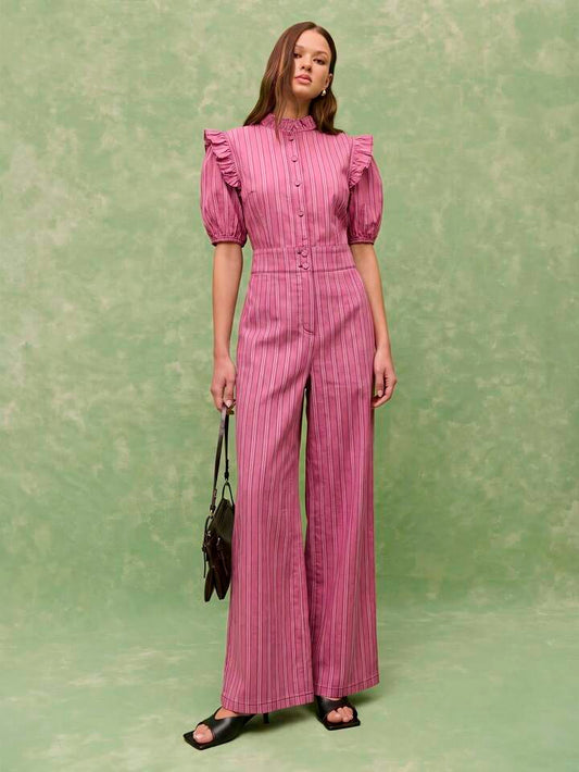 CM-JS310763 Women Casual Seoul Style Ruffled Collar Puff Sleeve Wide Leg Pinstripe Jumpsuit - Red