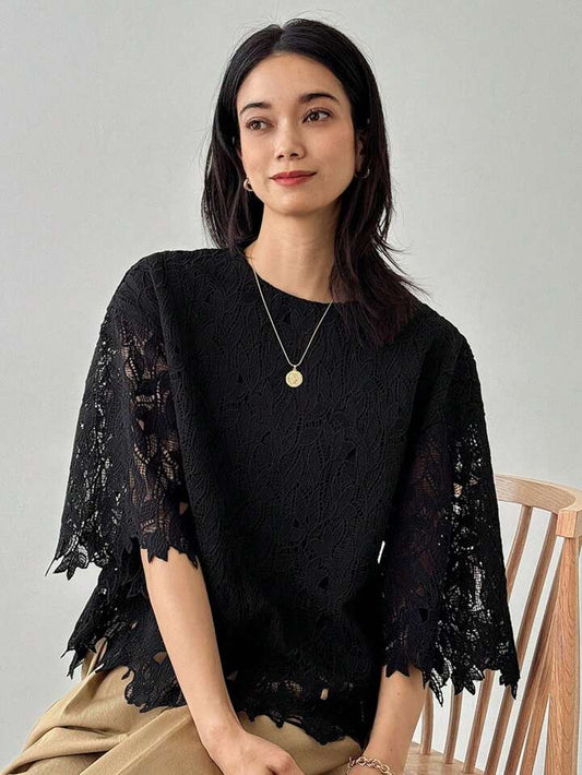 CM-TS404504 Women Elegant Seoul Style Sheer Lace Round Neck Half Sleeve Loose Blouse - Black