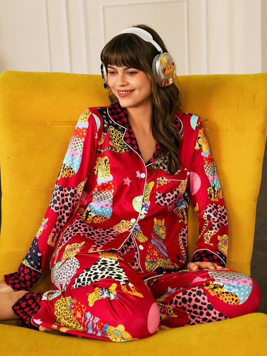 CM-LS590917 Women Trendy Seoul Style Printed Long Sleeve Button Up Top With Pants Pajama Set - Burgundy