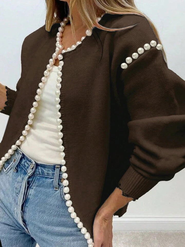 CM-CS666168 Women Casual Seoul Style Pearl Trim Distressed Hem Long Sleeve Knit Sweater - Brown