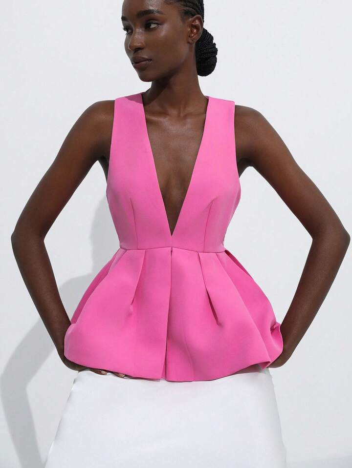 CM-TS254932 Women Elegant Seoul Style Deep V-NeckSleeveless Ruffle Hem Design Blouse - Hot Pink