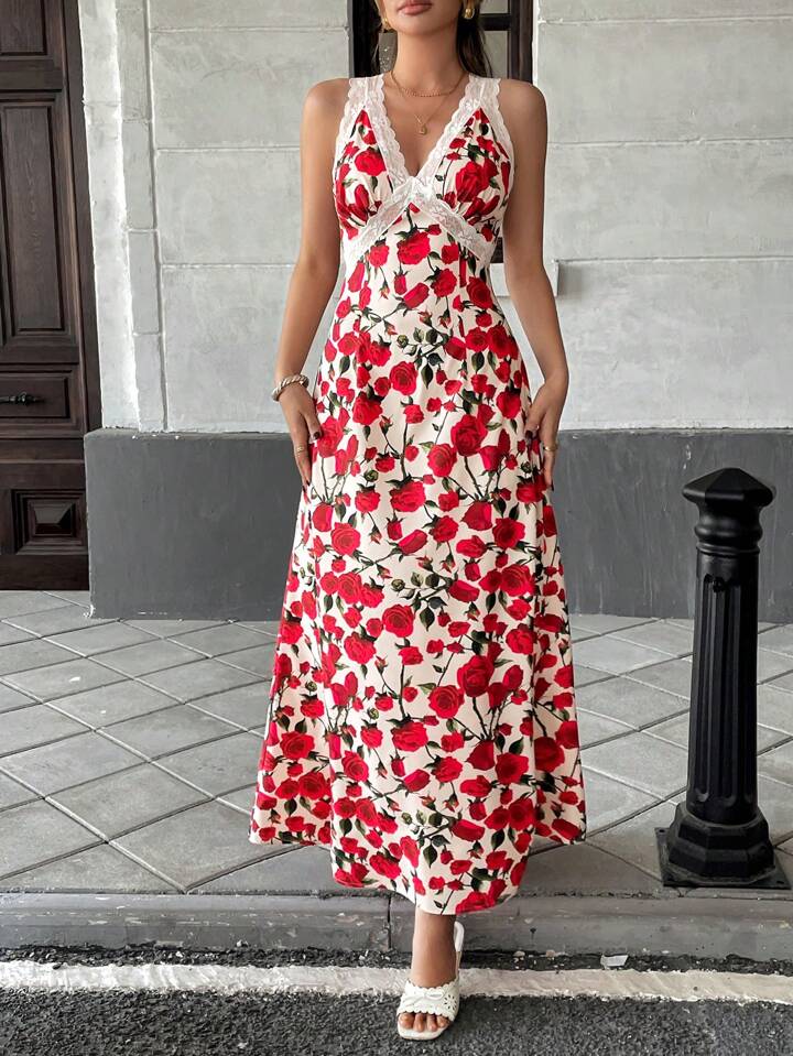CM-DS793321 Women Casual Seoul Style Lace Panel Floral Print V-Neck Sleeveless Dress