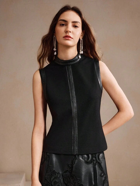 CM-TS668862 Women Elegant Seoul Style Stand Collar Rhinestone Decor Sleeveless Tank Top - Black