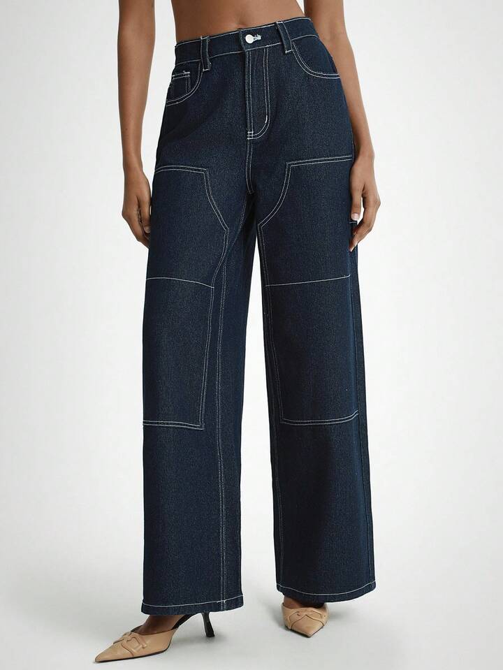 CM-BS236389 Women Casual Seoul Style Dark Wash High Waist Button Fly Extra Long Wide Leg Jeans