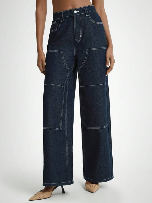 CM-BS236389 Women Casual Seoul Style Dark Wash High Waist Button Fly Extra Long Wide Leg Jeans