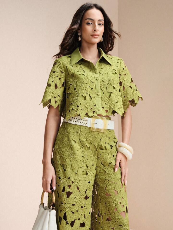 CM-SS474718 Women Trendy Bohemian Style Laser Cut Out Embroidered Short Sleeve Crop Top With Wide Leg Pants - Set