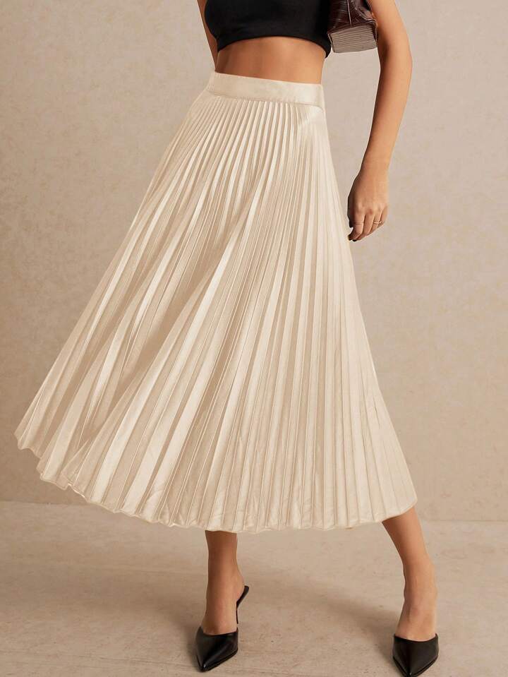 CM-BS060690 Women Elegant Seoul Style High Waist Solid Pleated Skirt - Apricot