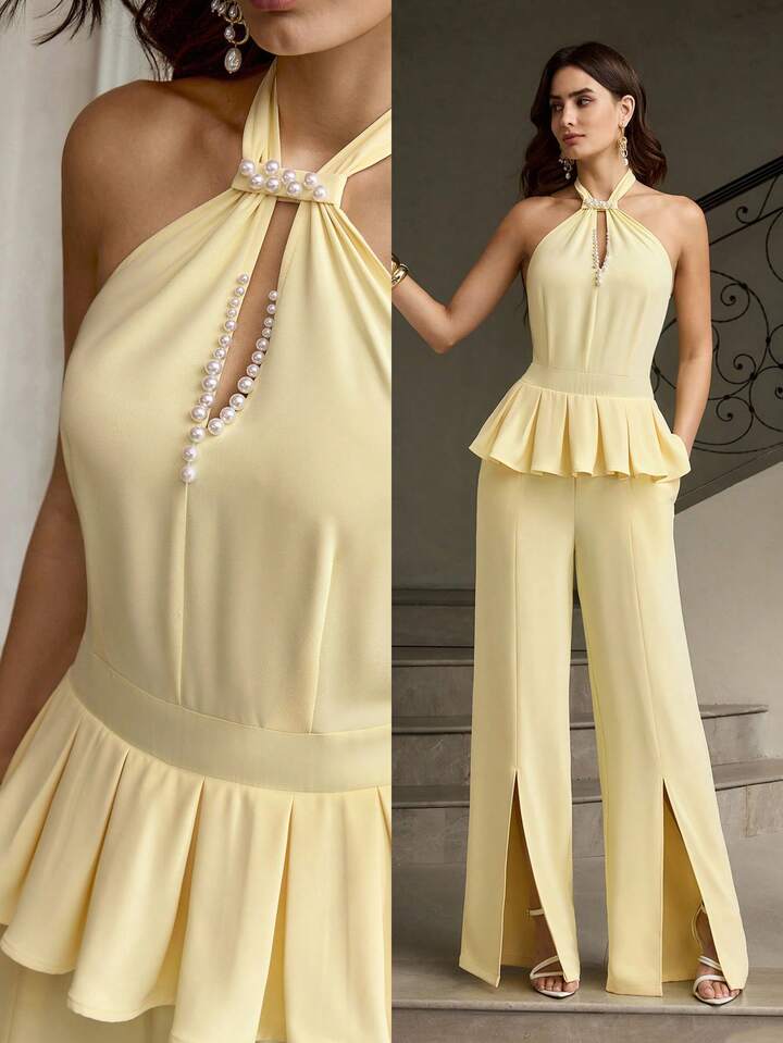 CM-JS319891 Women Elegant Seoul Style Beaded Halter Neckline Sleeveless Wide Leg Jumpsuit - Light Yellow