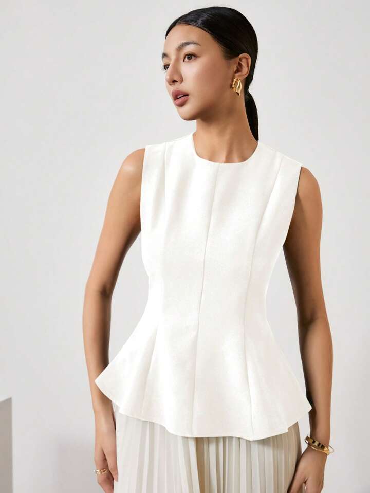 CM-TS192695 Women Elegant Seoul Style Solid Color Crew Neck Sleeveless Pleated Slim Fit T-Shirt - White
