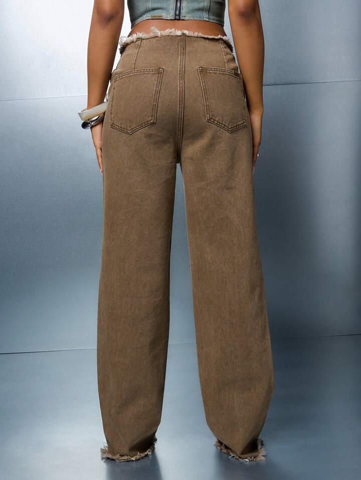 CM-BS009434 Women Casual Seoul Style Frayed Edge Detail Straight Fit Denim Jeans - Coffee Brown