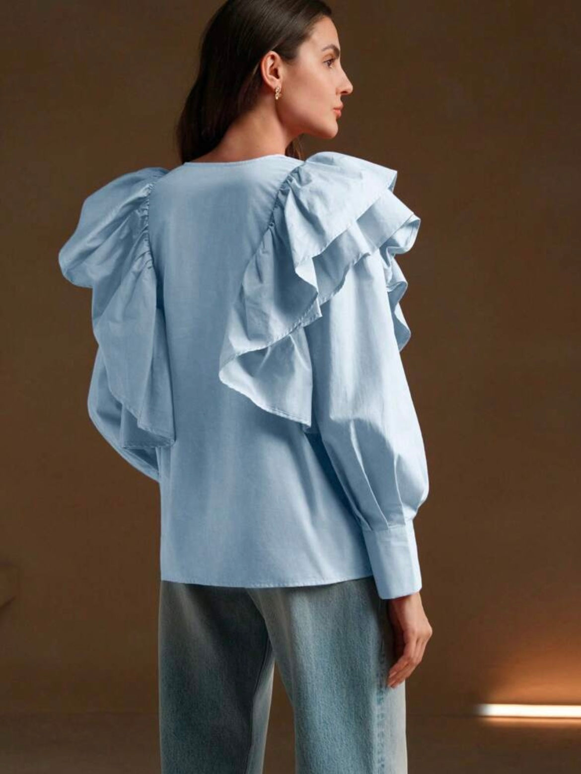 CM-TS179757 Women Elegant Seoul Style Exaggerated Ruffle V-Neck Long Sleeve Blouse - Blue