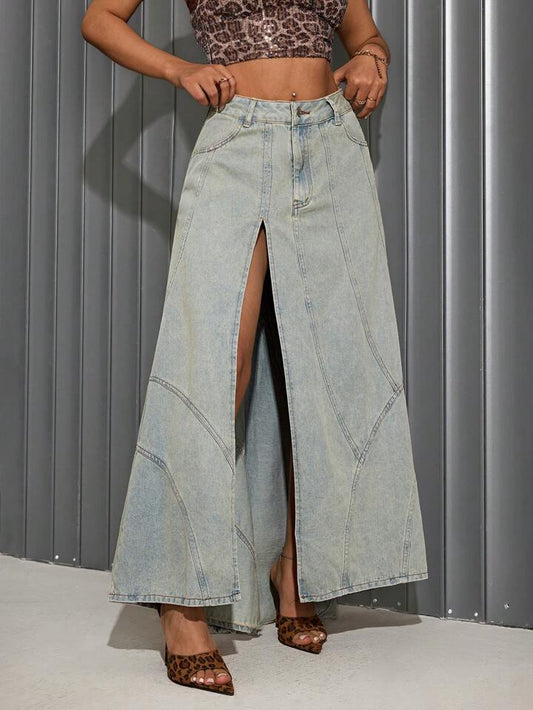 CM-BS107555 Women Casual Seoul Style Distressed High Slit Maxi Denim Skirt - Blue