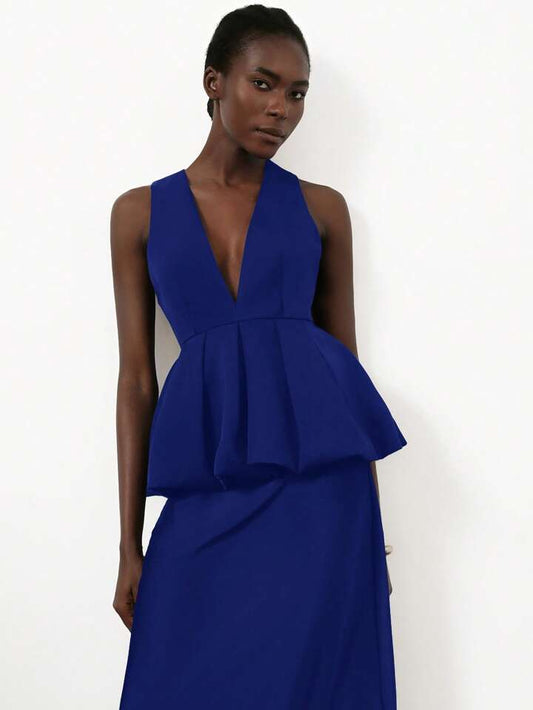 CM-TS892999 Women Elegant Seoul Style Deep V-NeckSleeveless Ruffle Hem Design Blouse - Royal Blue