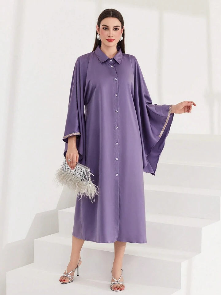 CM-DS160067 Women Elegant Seoul Style Batwing Sleeve Single Breasted Dress - Mauve Purple