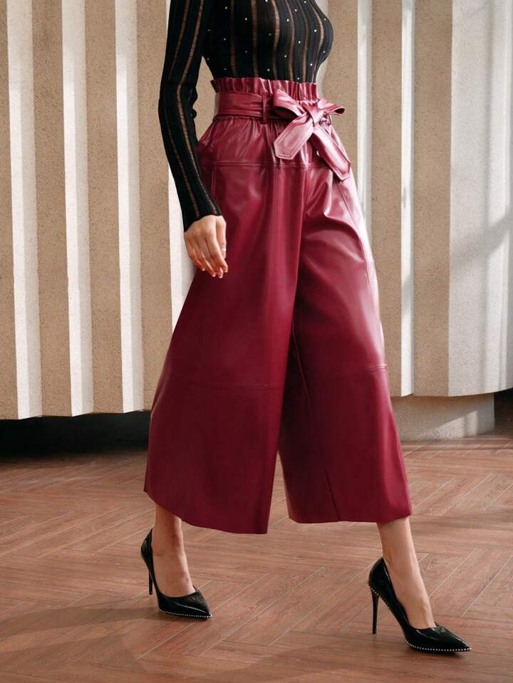 CM-BS309939 Women Elegant Seoul Style High Waist Faux Leather Wide Leg Pants - Red