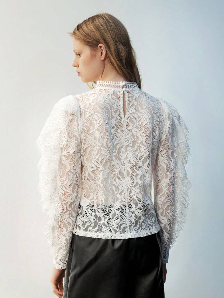 CM-TS396931 Women Elegant Seoul Style Button Back Long Sleeve Embroidery Sheer Blouse - White