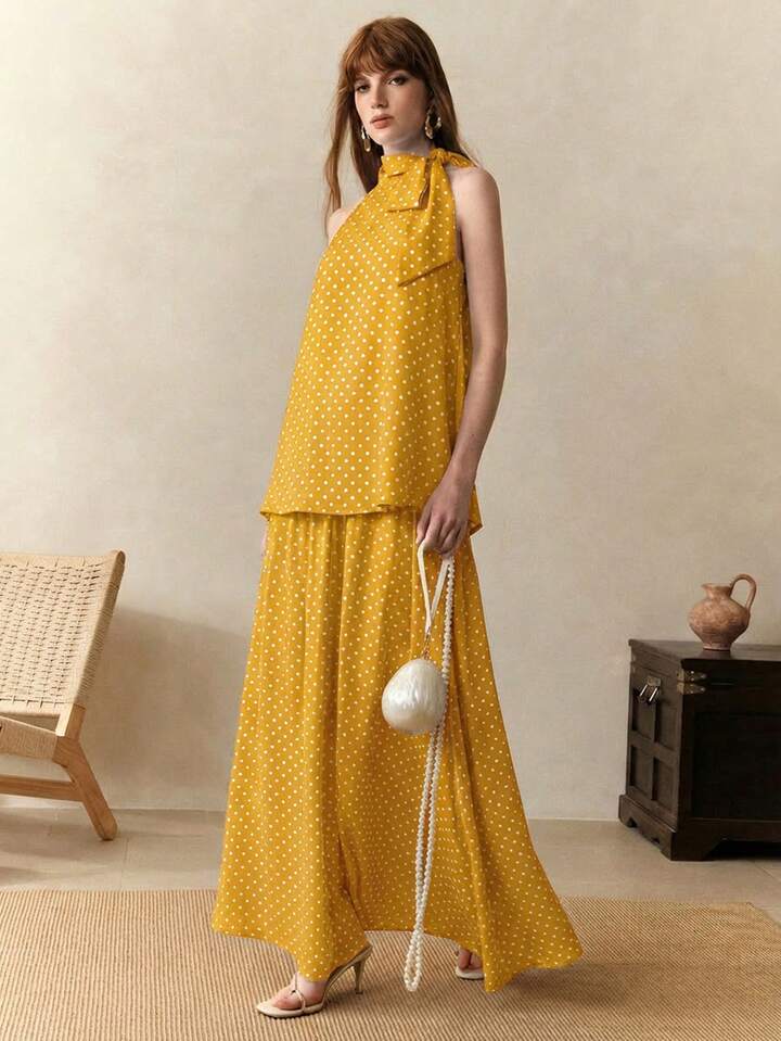 CM-SS174690 Women Trendy Bohemian Style Chiffon Polka Dot Print Sleeveless Halter Neck Top With Skirt - Set