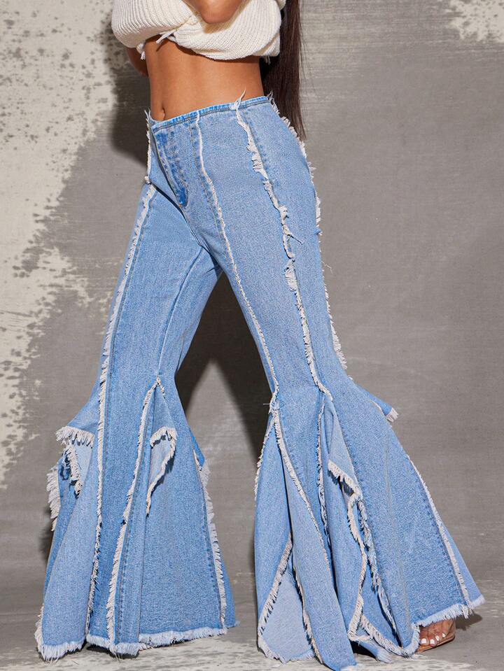 CM-BS396099 Women Casual Seoul Style Light Wash Seamed Raw Edge Fringe Flare Hem Stretch Denim Jeans