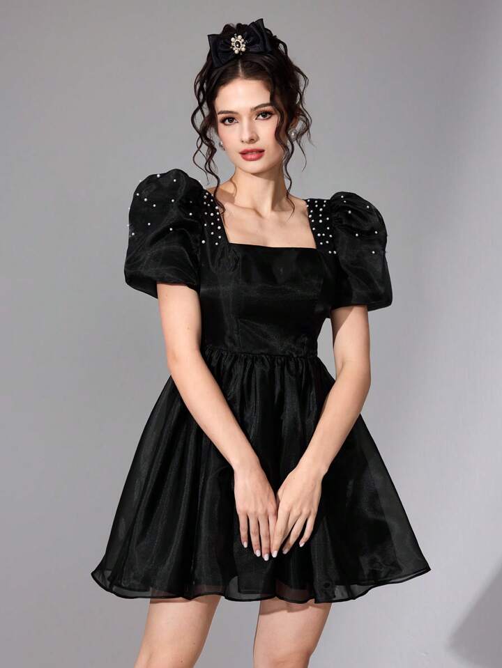CM-DS577797 Women Elegant Seoul Style Square Neck Puff Sleeve High Waist Short Dress - Black