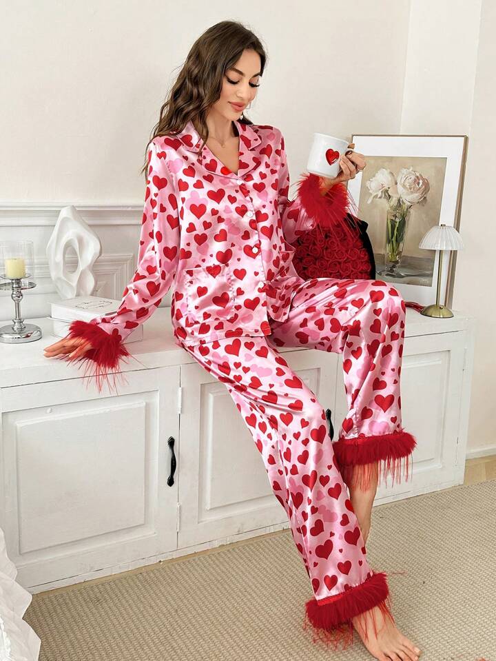 CM-LS331818 Women Trendy Seoul Style Faux Fur Patchwork Long Sleeve Top With Long Pants Pajama Set