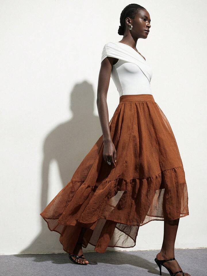 CM-BS228766 Women Casual Seoul Style High Waisted Puffed Layered Ruffle Hem A-Line Skirt - Coffee Brown