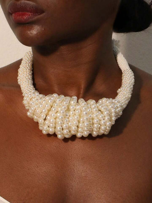 CM-AXS839418 Women Trendy Seoul Style Exaggerated Beaded Pearl Choker Necklace - White