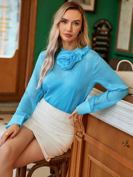 CM-TS348551 Women Elegant Seoul Style 3D Floral Decor Stand Collar Long Sleeve Shirt - Blue