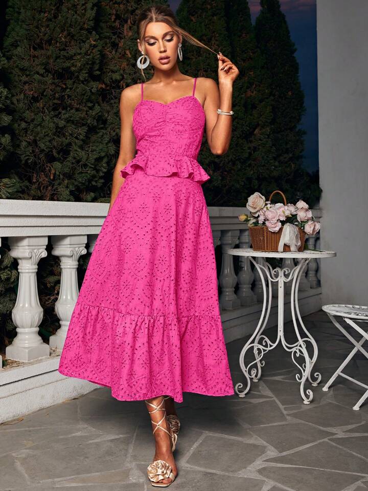 CM-DS823626 Women Elegant Seoul Style Embroidered And Eyelet Ruffle Hem Cami Dress - Hot Pink