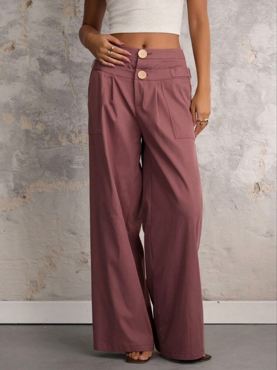 CM-BS712995 Women Casual Seoul Style Solid Color Double Waist Wide Leg Pants