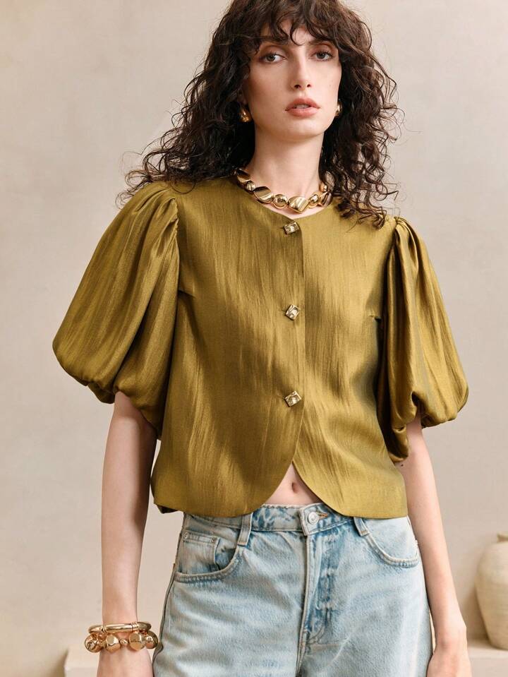 CM-TS013428 Women Elegant Seoul Style Satin Round Neck Puff Sleeve Golden Metal Button Decor Blouse