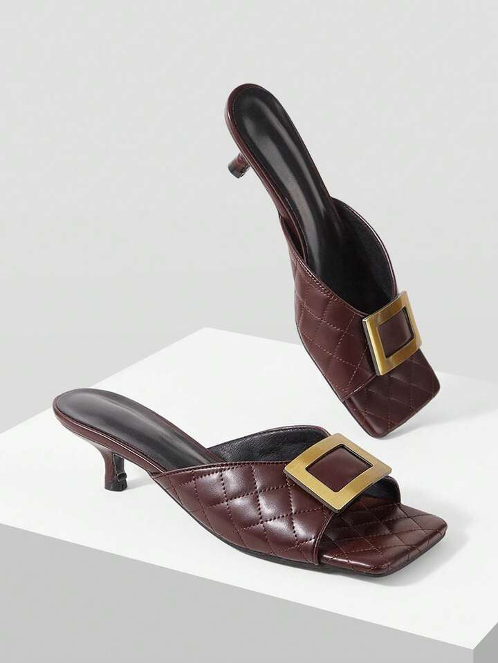 CM-SHS022406 Women Trendy Seoul Style Colorblock Square Toe High Heel Sandals - Dark Brown