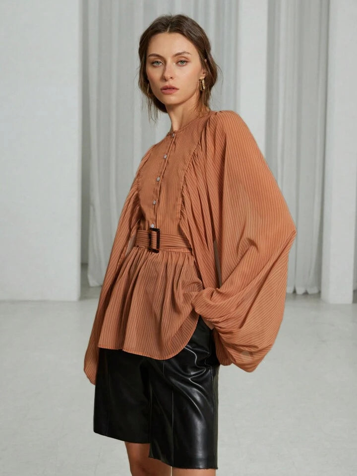 CM-TS827917 Women Elegant Seoul Style Striped Print Round Neck Sheer Belted Long Sleeve Blouse