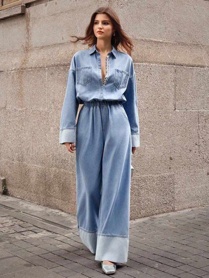 CM-JS119936 Women Elegant Seoul Style Faux Pearl Decor Drop Shoulder Long Sleeve Pocket Design Wide Leg Denim Jumpsuit