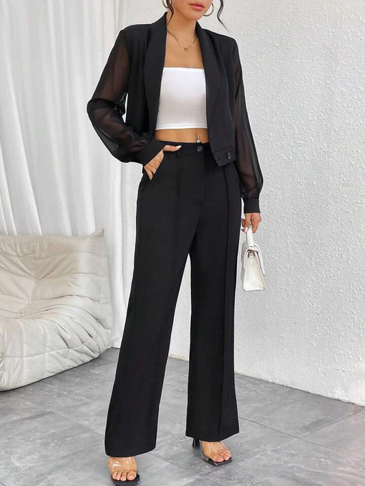 CM-SS766972 Women Elegant Seoul Style Sheer Mesh Insert Long Sleeve Blazer With Pants Suit - Black