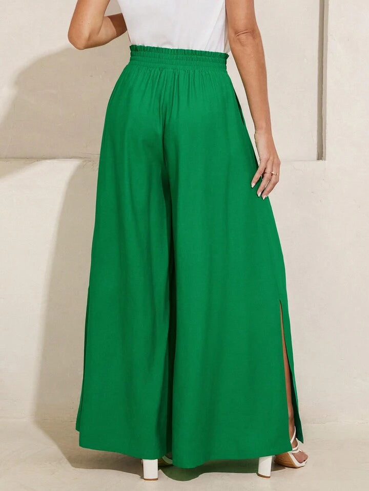 CM-BS334113 Women Trendy Bohemian Style High Rise Split Wide-Leg Pants - Green