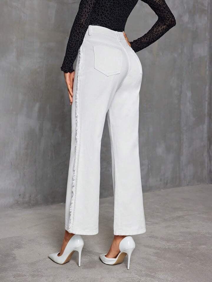 CM-BS728871 Women Casual Seoul Style Long Length Flared Jeans With Frayed Hem - White