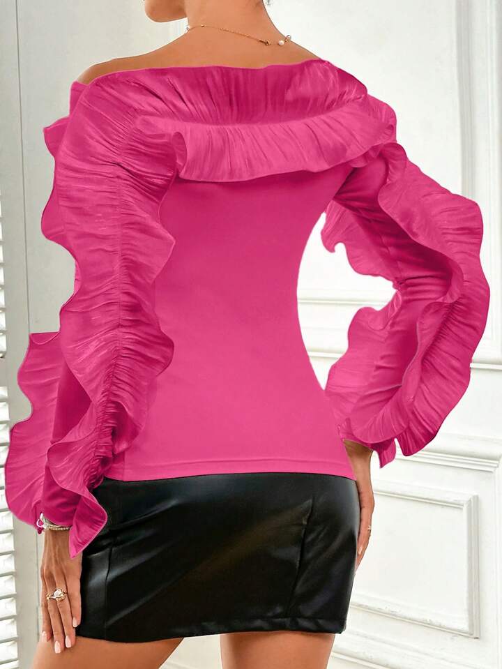 CM-TS575879 Women Casual Seoul Style Boat Neck Off the Shoulder Ruffle Hem Top - Hot Pink