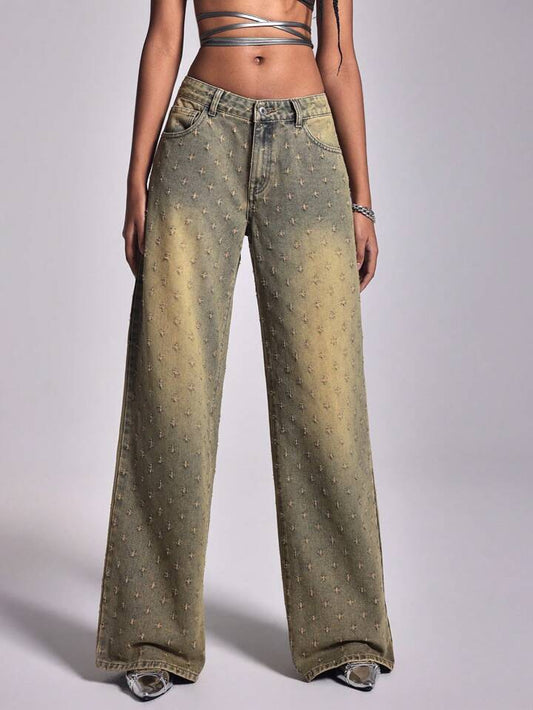 CM-BS020066 Women Casual Seoul Style Dark Wash Ultra Low Waist Straight-Leg Denim Jeans