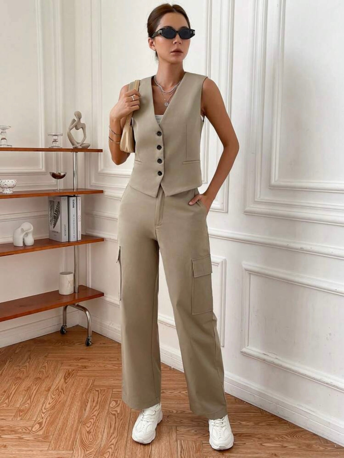 CM-SS906696 Women Elegant Seoul Style V-Neck Sleeveless Vest With Pocket Design Pants - Khaki