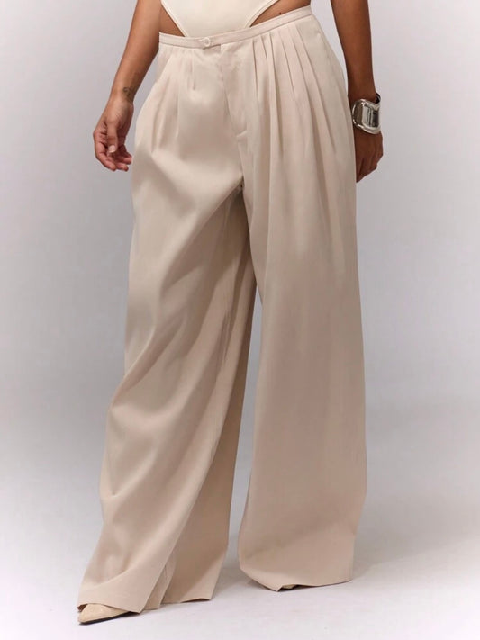 CM-BS550066 Women Casual Seoul Style Wide Leg Pleated Waist Loose Trousers - Apricot