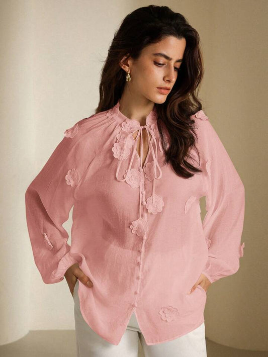 CM-TS319089 Women Elegant Seoul Style V-Neck Tie-Waist 3D Floral See-Through Blouse - Pink