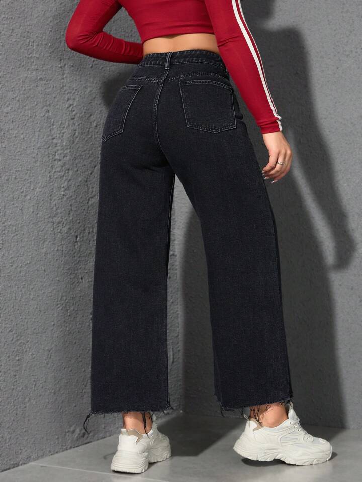 CM-BS883741 Women Casual Seoul Style Solid Color High Waist Wide Leg Jeans - Black