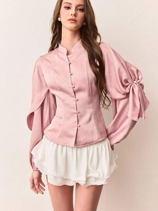 CM-TS111211 Women Elegant Seoul Style Satin Tie Front Long Puff Sleeve Oversized Blouse - Baby Pink