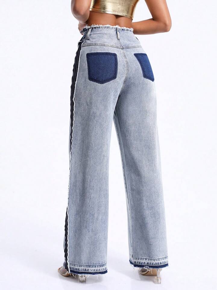 CM-BS905388 Women Preppy Seoul Style Colorblock Loose Fit Frayed Hem Wide Leg Jeans
