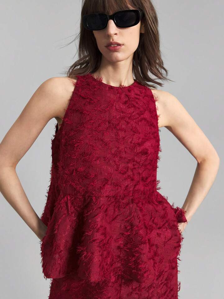 CM-SS069998 Women Elegant Seoul Style Texture Round Neck Sleeveless Top With Wide Leg Pants - Set