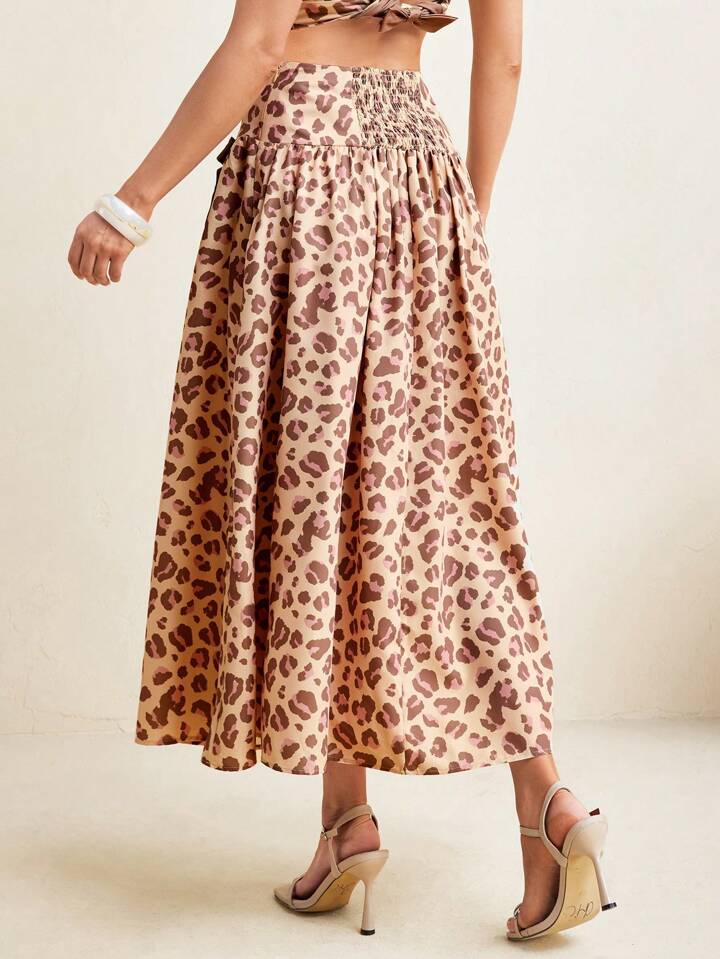 CM-BS390910 Women Elegant Seoul Style High Waist Leopard Print Bow Details Midi Skirt