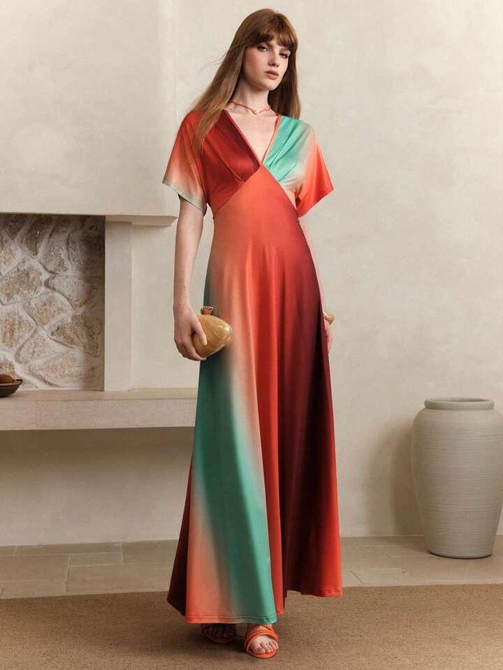 CM-DS922324 Women Casual Seoul Style Satin Tie-Dye Ombre Deep V Neck Long Sleeve Maxi Dress